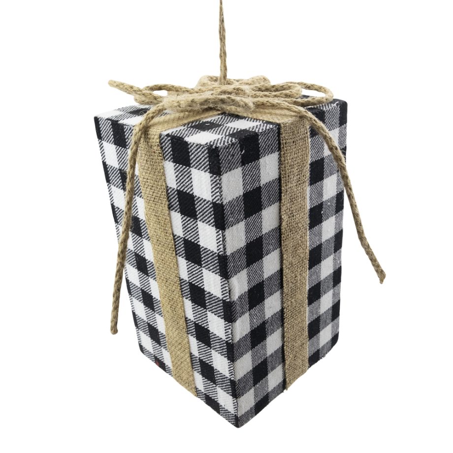 ORN FABRIC GIFT BOX 8" BLACK/ WHITE PLAID W/ROPE BOW