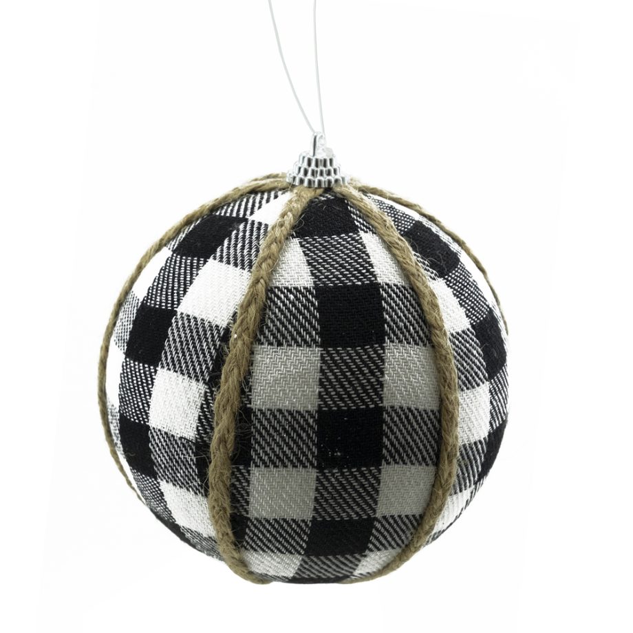 BALL FABRIC WOVEN 4" BLACK WHITE CHECK W/ JUTE ROPE