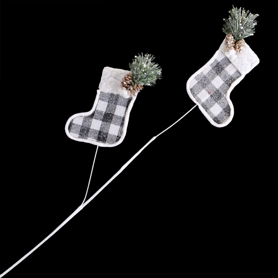 SPRAY FABRIC 26" STOCKINGS BLK/WHT CHECK W/GRNS & PINECONES FROSTED