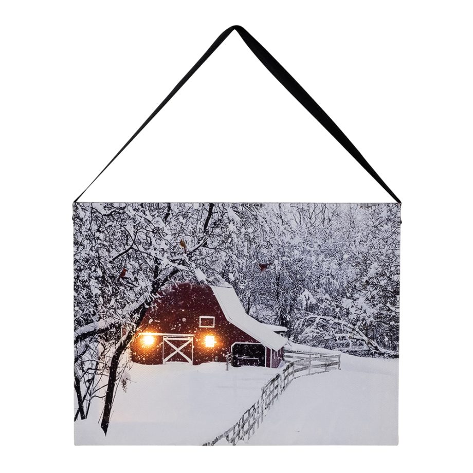 CANVAS 8"X6" 2LED SNOW COVERED RED HOUSE