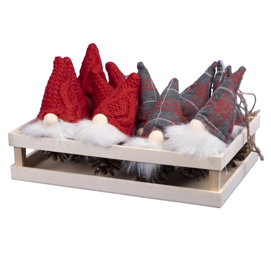 ORN PLUSH GNOME 5" W/ RED & PLAID HAT W/TRAY 12 PCS