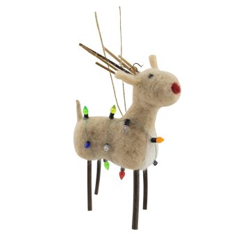 ORN WOOL REINDEER 6" BEIGE W/ MULTI COLOR LIGHT STRINGS