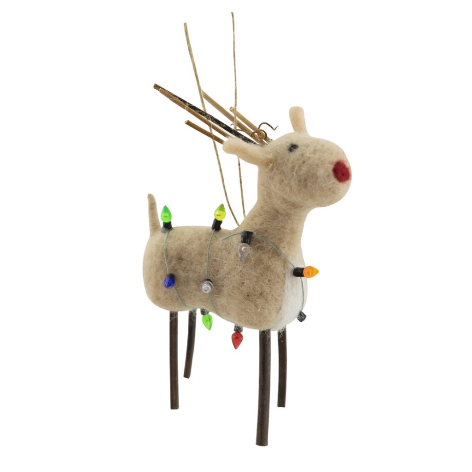 ORN WOOL REINDEER 6" BEIGE W/ MULTI COLOR LIGHT STRINGS