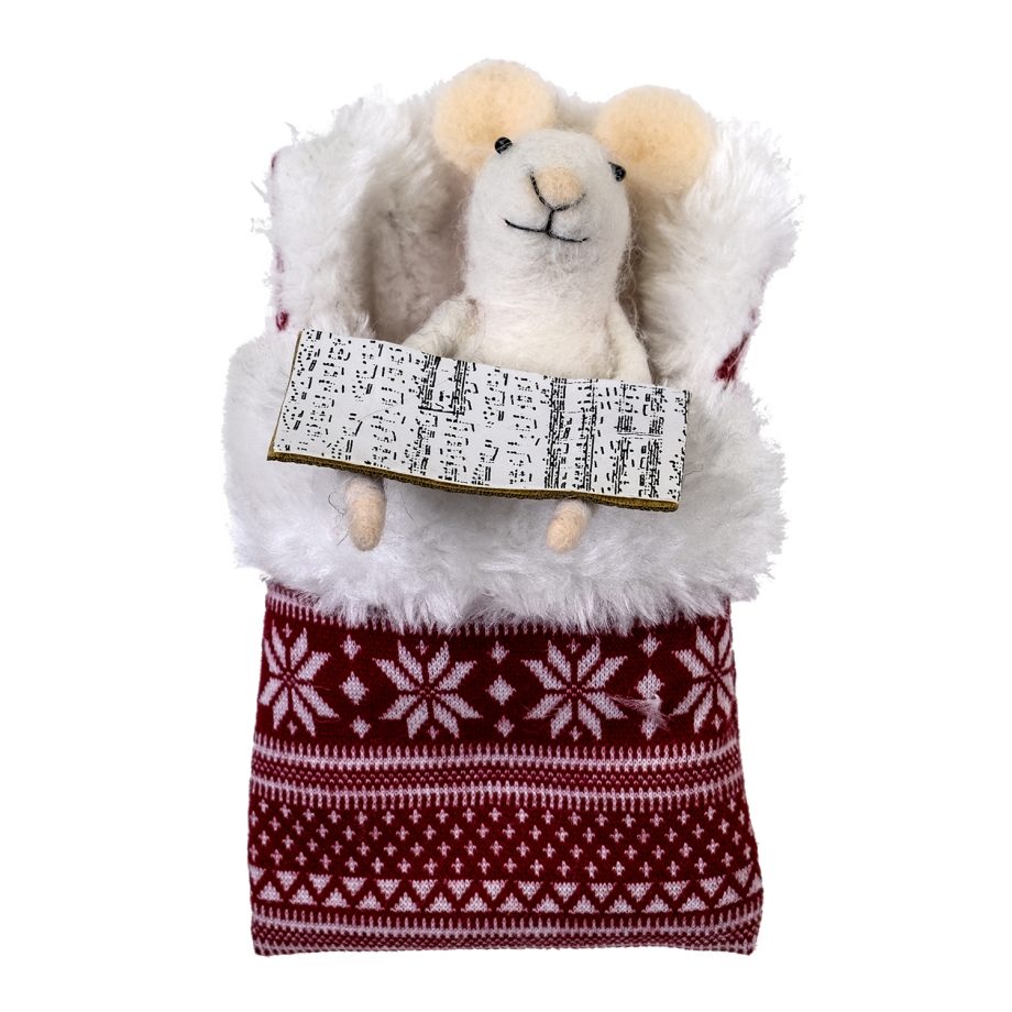 ORN WOOL MOUSE 5" READING IN BED RED NORDIC PRNT