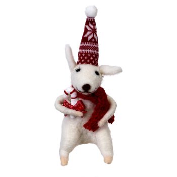 ORN WOOL MOUSE 3.5" W/CANDY CANE RED NORDIC HAT