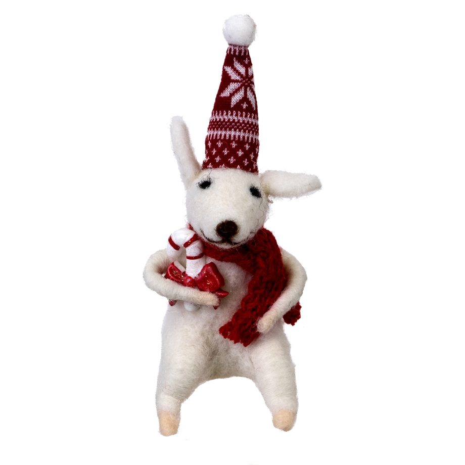 ORN WOOL MOUSE 3.5" W/CANDY CANE RED NORDIC HAT