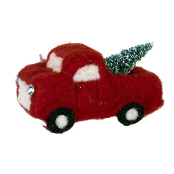 ORN WOOL AUTO TRUCK 2"H RED W/ TREE