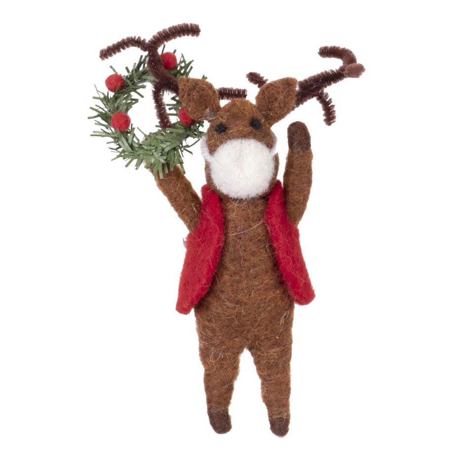 ORN WOOL REINDEER 6.25" BROWN W/ MASK
