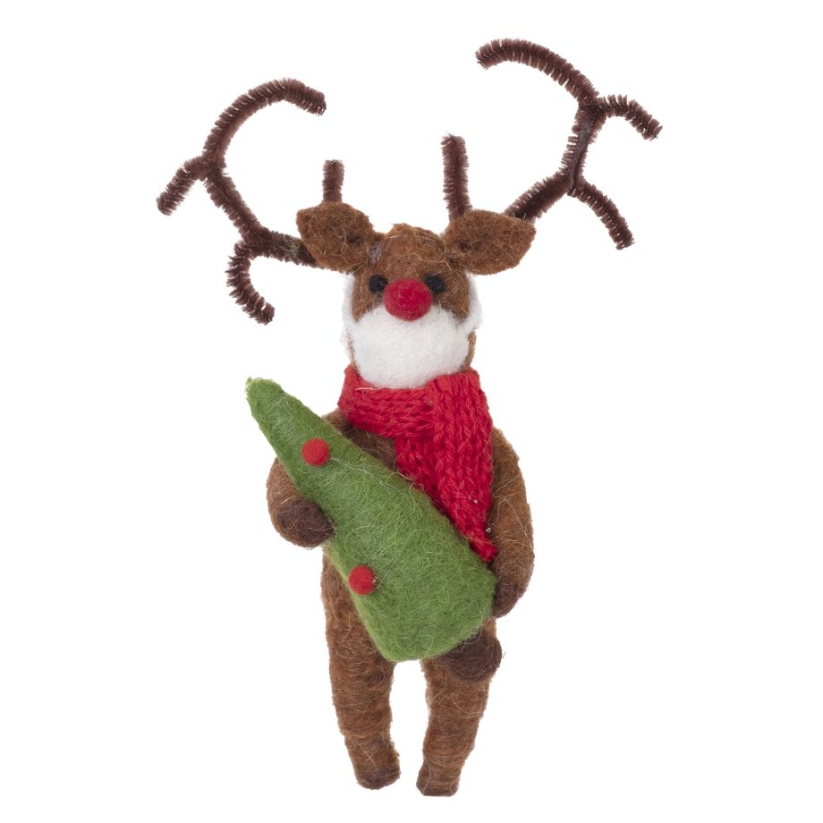 ORN WOOL REINDEER 6.25" BROWN W/ WOOL TREE