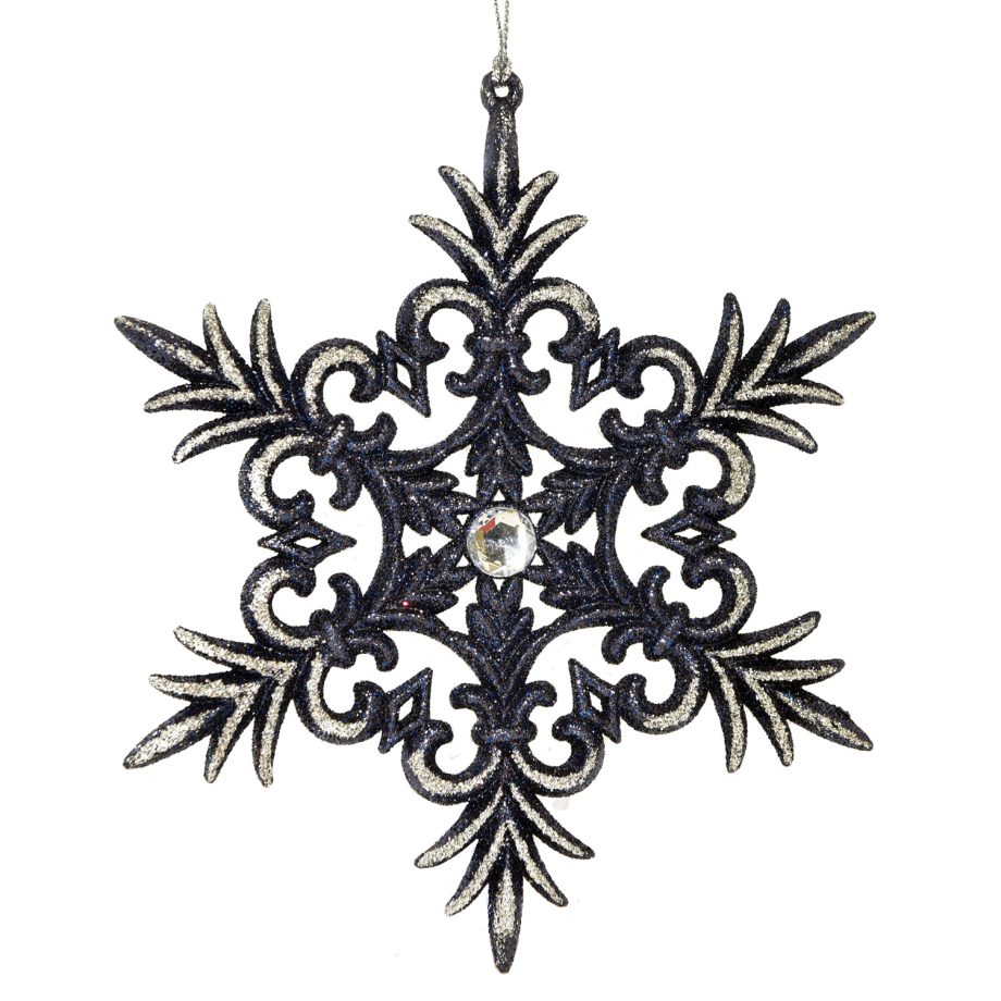 ORN BLUE / CHAMPAGNE SNOWFLAKE 6" W/SILVER GLITTER W/ JEWEL
