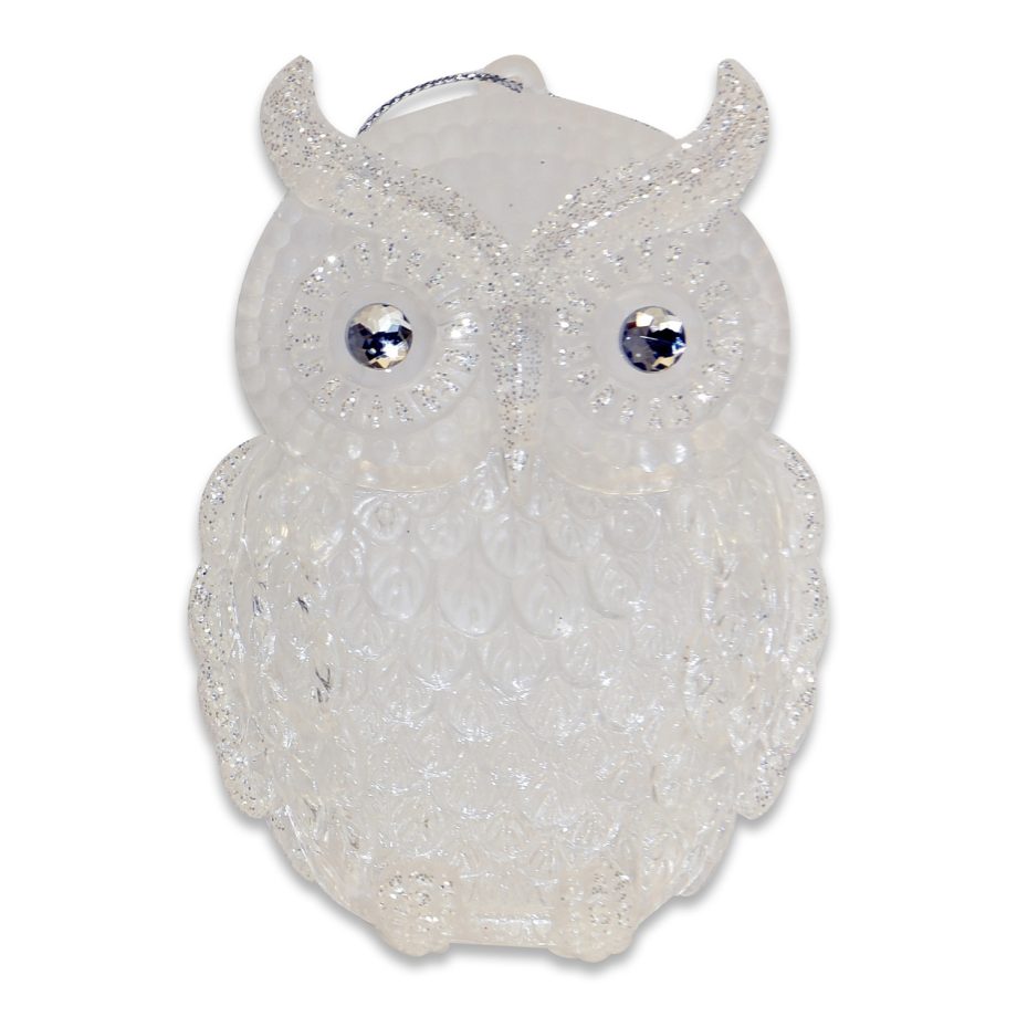 ORN CLEAR FROST OWL 4.25" W/ GLITTER JEWEL EYES