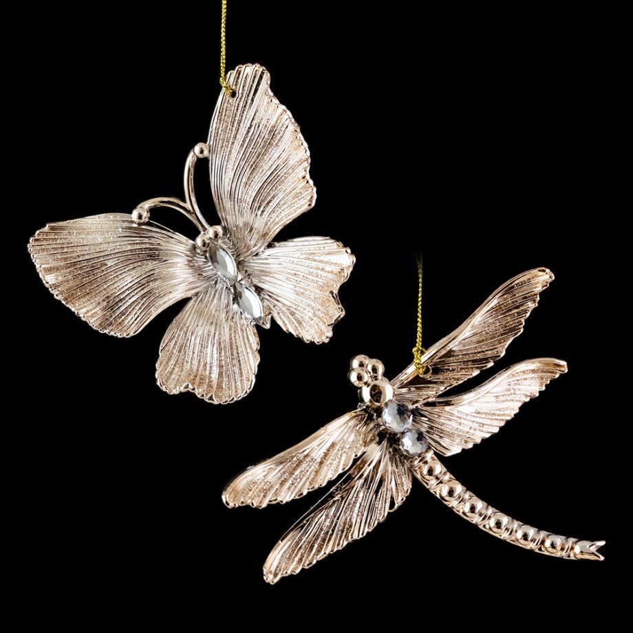 ORN ROSE GOLD BUTTERFLY /DRAGONFLY 4"SHINY W/ SAND GOLD GLTR 2 ASST