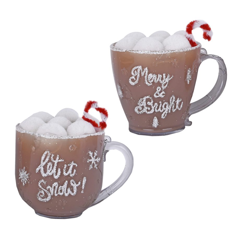 ORN BROWN COFFEE CUPS 4" W/ FROTH & CANDY CANE 2/S