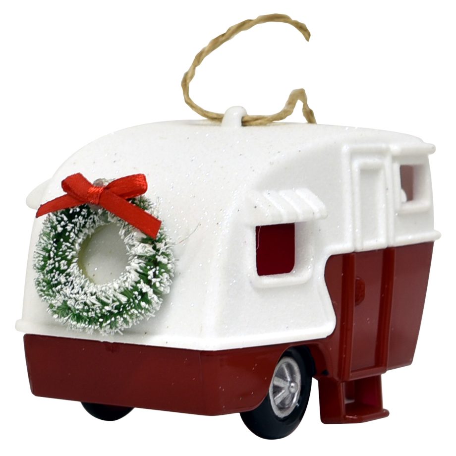 ORN RED/WHITE 3-D CAMPER 4.25" W/ WREATH & GLITTER