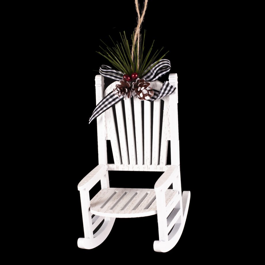 ORN WOODEN ROCKING CHAIR 5" WHITE  W/WHT/BLK CHECK RIBBON BOW & GREENS