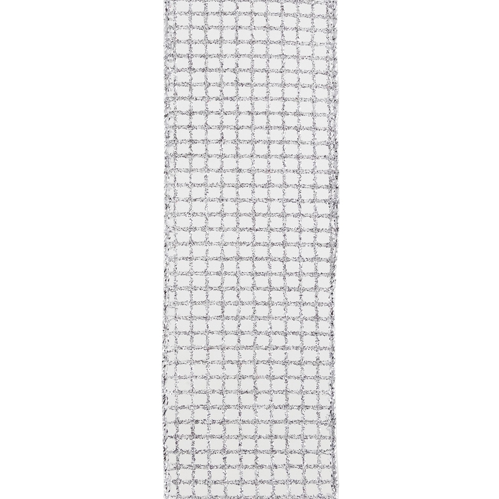 WIRED RIBBON 2.5"X10 YDS SILVER GLITTER ON WHITE NET