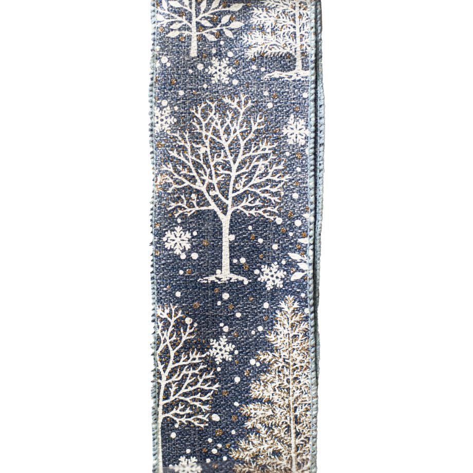 WIRED RIBBON 2.5"X10 YDS BLUE/ GRAY W/ TREE AND SNOWFLAKE
