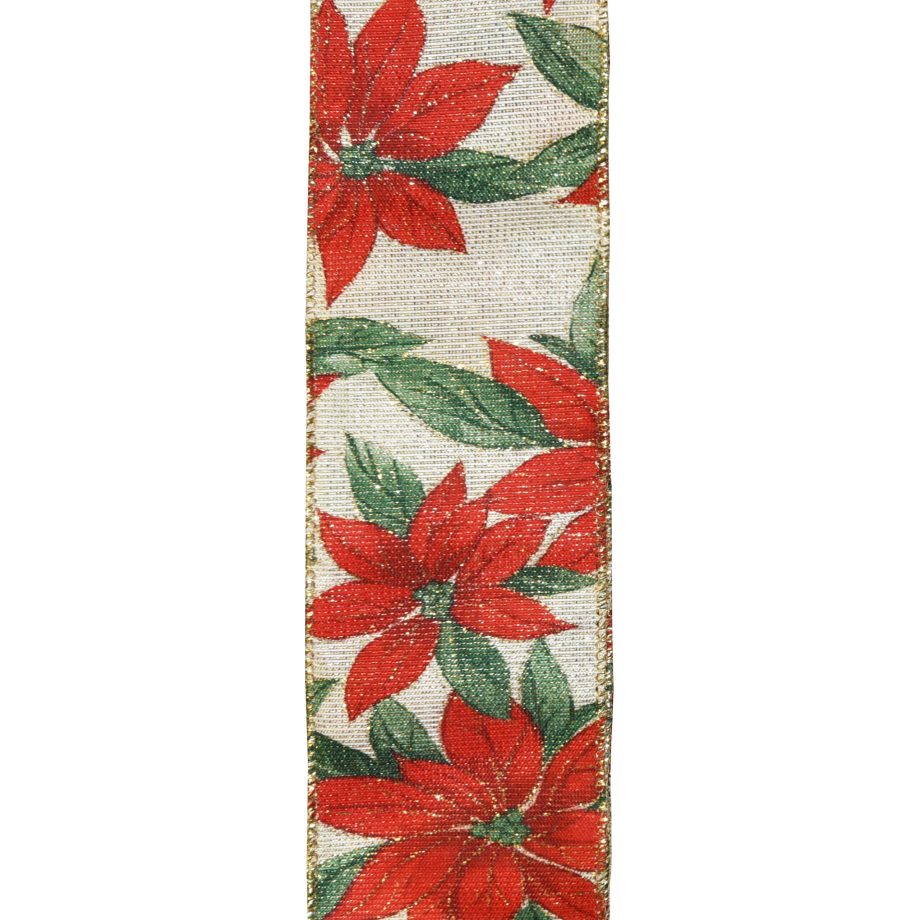 WIRED RIBBON 2.5"X10 YDS IVORY W/ RED POINSETTIA