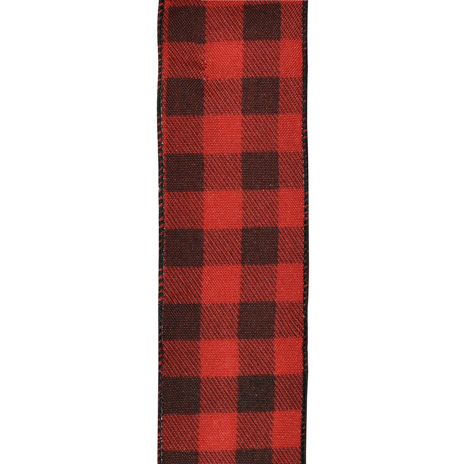 WIRED RIBBON 2.5"X10 YDS RED/ BLACK BURLAP LOOK CHECK