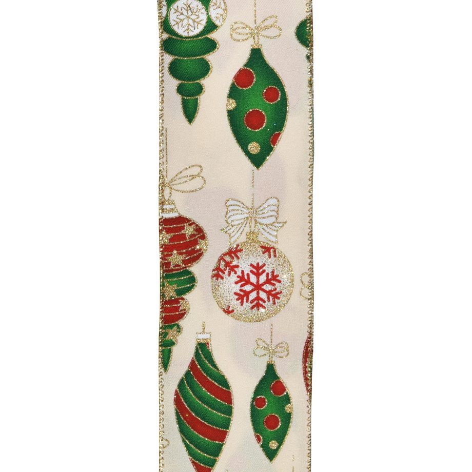 WIRED RIBBON 2.5"X10 YDS IVORY TWILL W/XMAS BALLS & FINIALS