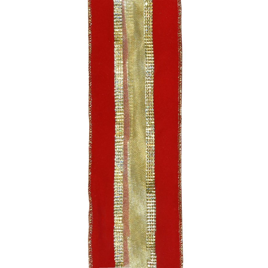 WIRED RIBBON 2.5"X10 YDS RED VELVET W/ GOLD MESH