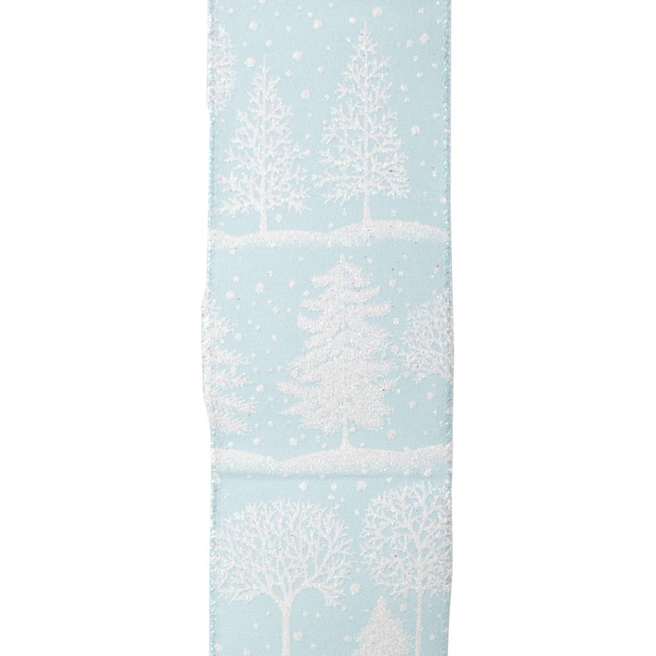 WIRED RIBBON 2.5"X10 YDS BLUE ICE W/ WHITE TREE PRINT
