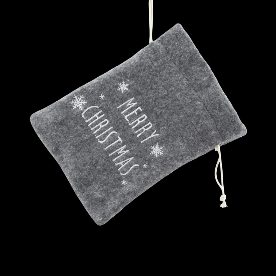GIFT SACK GRAY FELT  6" X 8" W/ MERRY CHRISTMAS EMBROIDERY