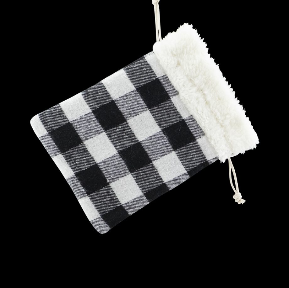 GIFT SACK BLACK/ WHITE PLAID 6" X 8" SHERPA CUFF