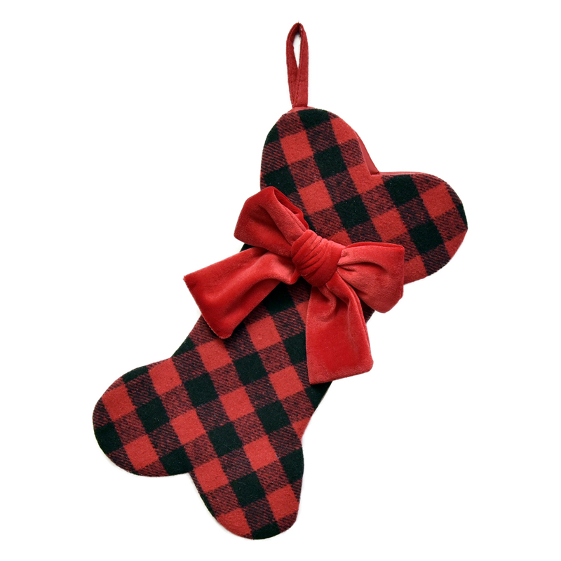 STOCKING 14" PET DOG BONE RED/BLACK PLAID BONE W/ RED VELVET BOW