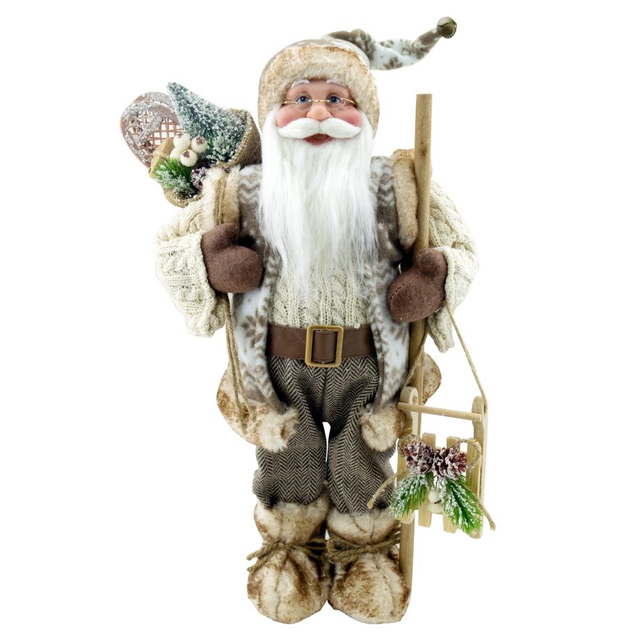 STANDING SANTA 24" BROWN WOODLAND LOOK W/ SLED