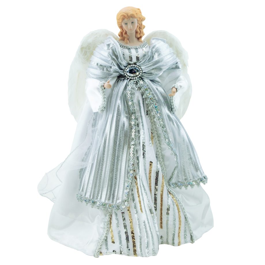 ANGEL TREE TOP 17" WHITE W/GOLD & SILVER SEQUIN