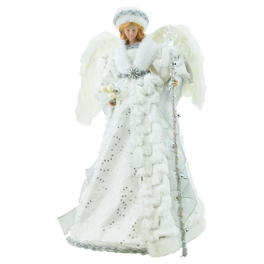 ANGEL TREE TOP 18" WHITE/SILVER WITH FAUX FUR W/ HAT