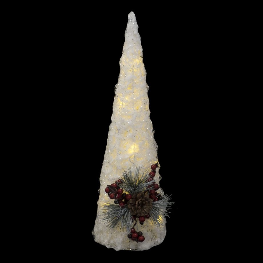 CONE TREE WHITE 16" LED W/ PINE CONES & BERRY
