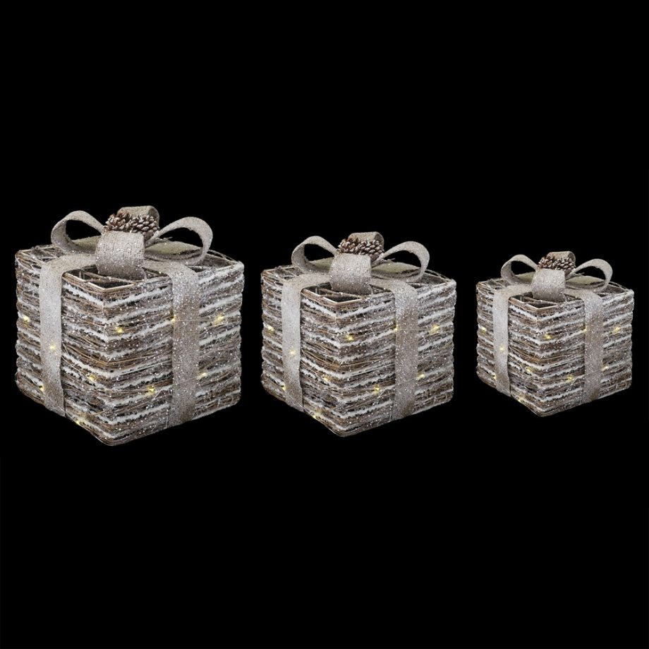 GIFT BOX SET 6/8/10" RATTAN W/ GLITTER LED