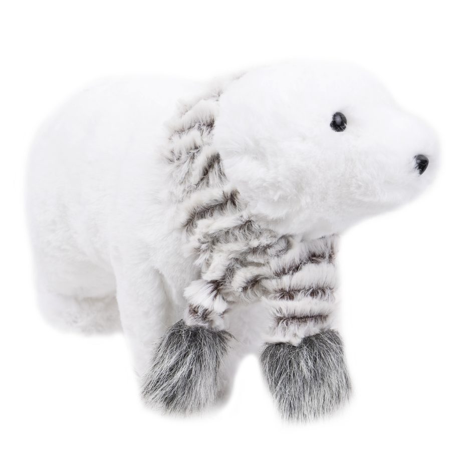 BEAR WHITE WALKING 6.5" WHITE FAUX FUR W/ WHT/GRAY FUR SCARF