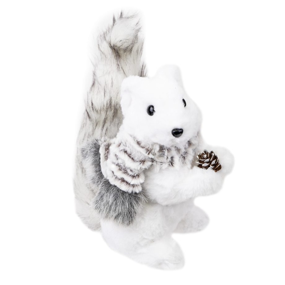 SQUIRREL WHITE 8.5" FAUX FUR W/ WHITE /GRAY FUR SCARF & PINE CONE