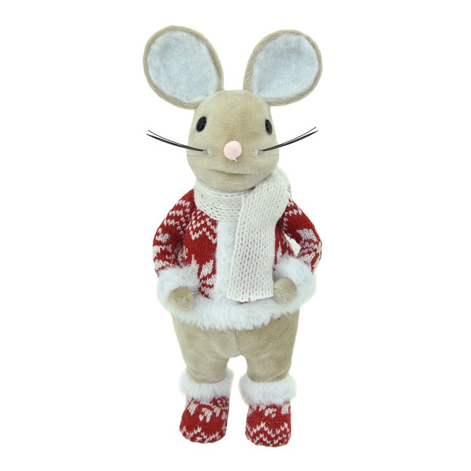 MOUSE BEIGE 10"STANDING BOY W/ RED NORDIC PRINT SWEATER & BOOTS