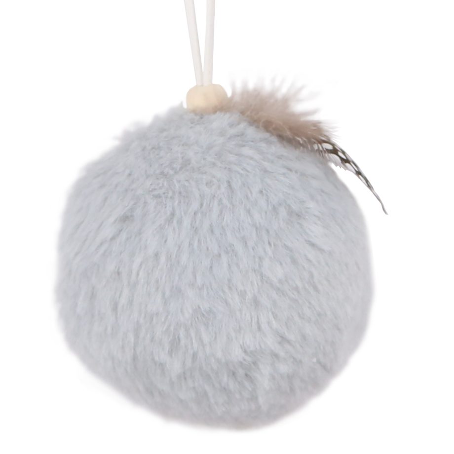 BALL FABRIC FAUX FUR 3" GRAY W/ FEATHER