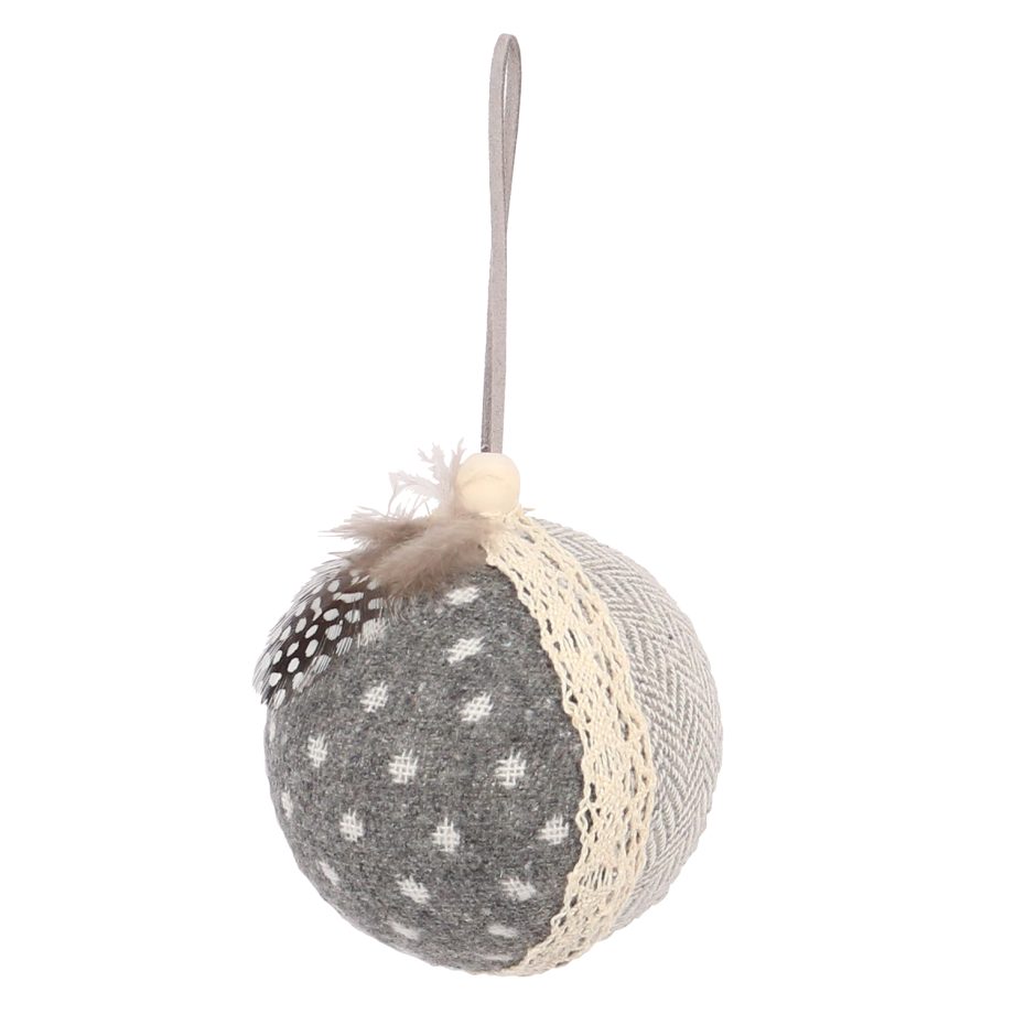 BALL FABRIC WOVEN 3" GRAY/ IVORY W/ RIBBON & FEATHER