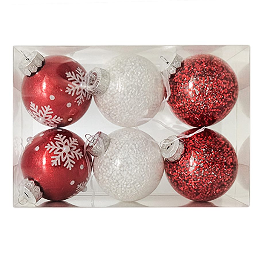 BALL 6PC 75MM RED & WHITE DECORATED
