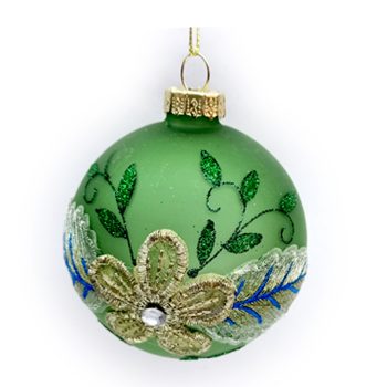 ORN GLASS BALL 3" GREEN DECORATED W/ GLITTER & SEQUINS & BEADS