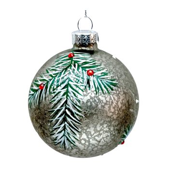 ORN GLASS BALL 3" SILVER ANTIQUE W/ PAINTED  PINE WITH RED BEERT BEADS