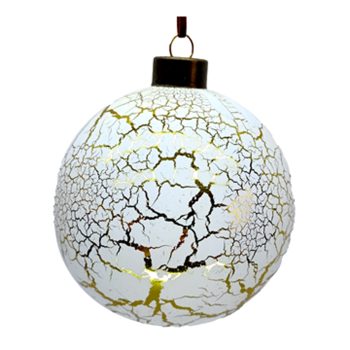 ORN GLASS BALL 4" WHITE GOLDEN CRACKLE LOOK  LOOK