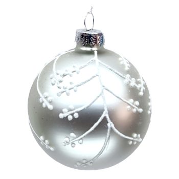 ORN GLASS BALL 3" SILVER MATTE W/ WHITE GLITTER & BERRIES