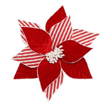 POINSETTIA HEAD RED 11.5" VELVET W/ CANDYCANE STIPE & CLIP