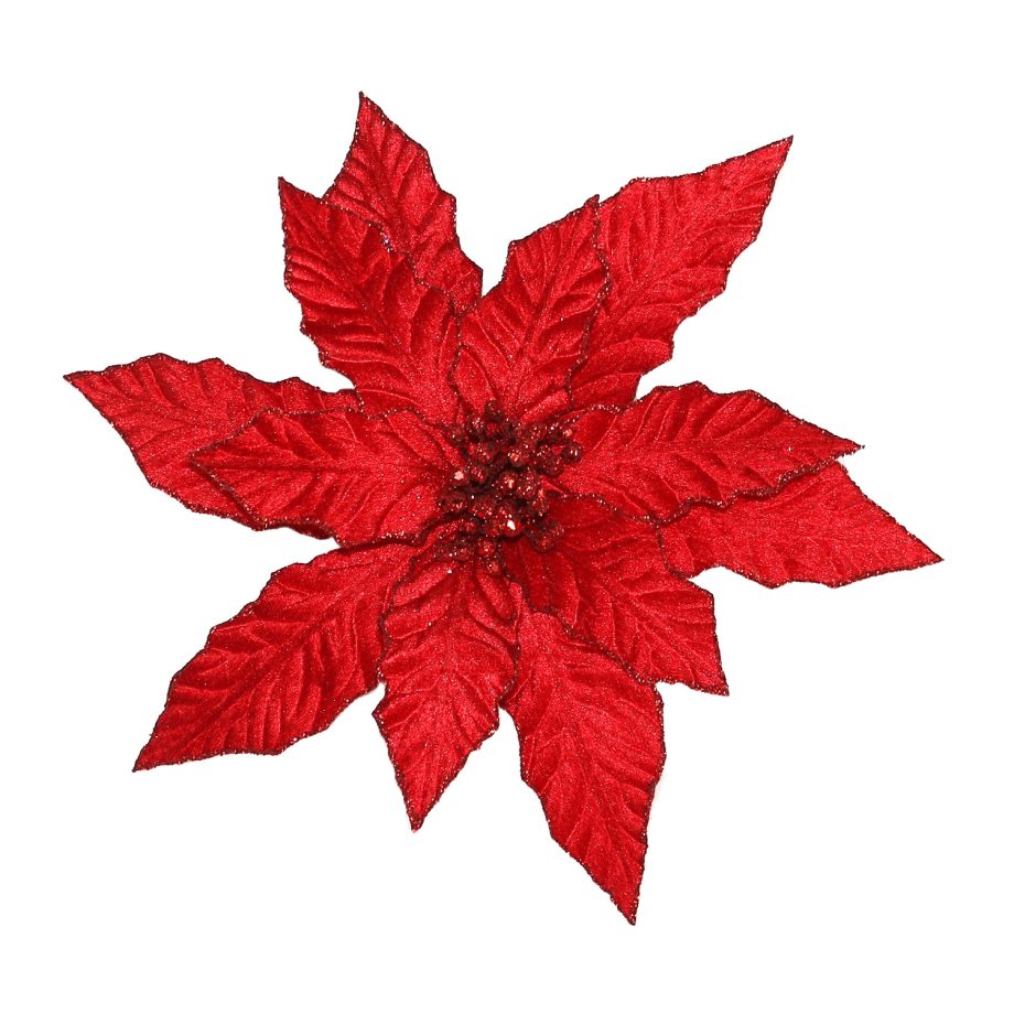POINSETTIA HEAD RED 12" VELVET W/ GLITTER & CLIP