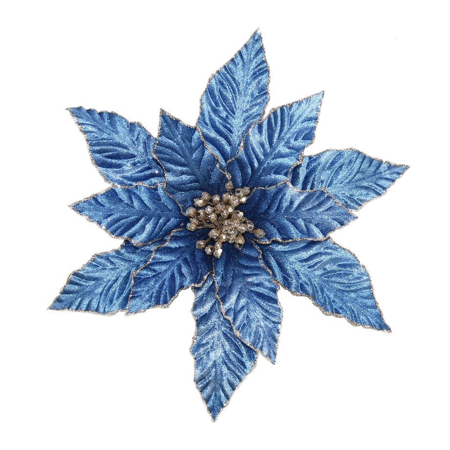 POINSETTIA HEAD BLUE STEEL 12" VELVET W/ CHAMP. GLTR & CLIP