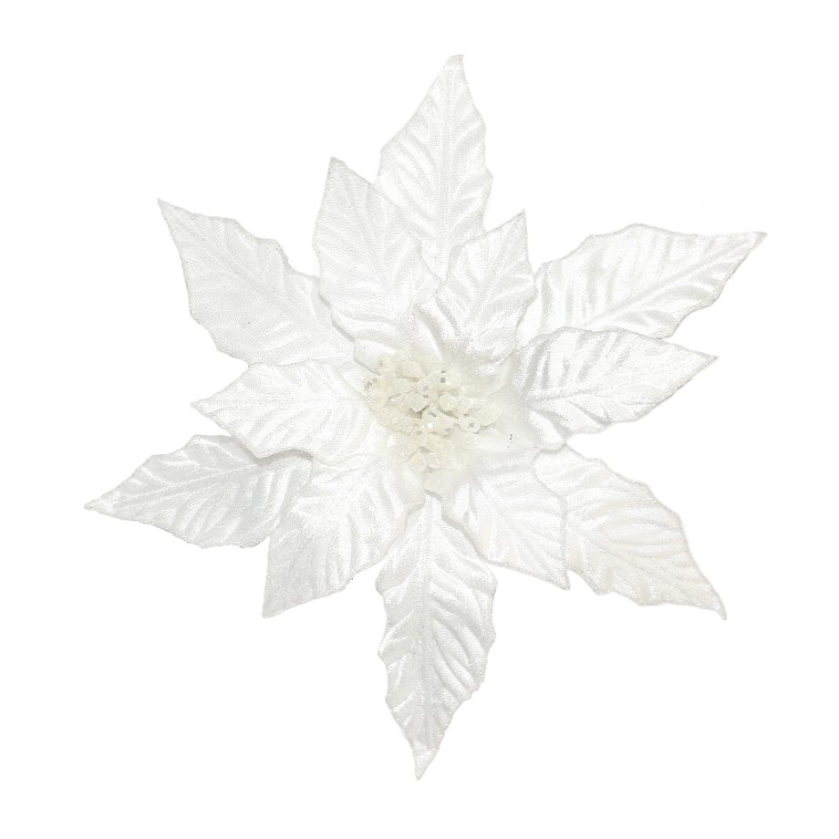 POINSETTIA HEAD WHITE 12" VELVET W/ GLITTER & CLIP