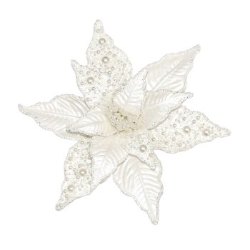POINSETTIA HEAD WHITE 9.5" METALIC W/ PEARL & CLIP