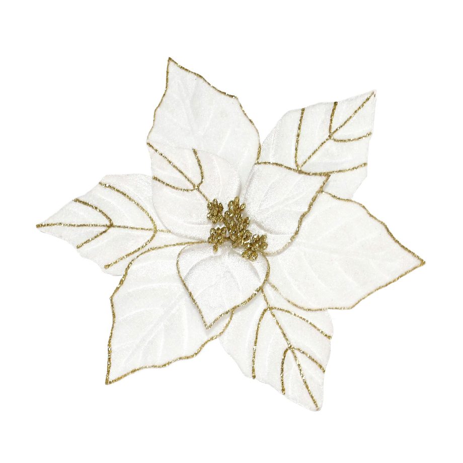 POINSETTIA HEAD WHITE 9.5" VELVET | W/GOLD GLITTER & CLIP